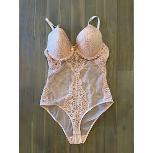 Daisy Fuentes Pink Lace Mesh Push Up Bodysuit Lingerie XL DF2281